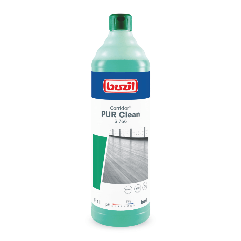 Buzil Corridor® PUR Clean S 766 Ultranetzender Bodenreiniger mit Geruchsblocker od BUZIL-WERK Wagner GmbH & Co. KG jest dostępny w butelce o jasnym zielonym wzorze, niebieskiej etykiecie i czerwonym logo. Zawiera 1 litr produktu, który idealnie nadaje się do pielęgnacji nieskazitelnych podłóg, a na opakowaniu znajduje się obrazek czystej podłogi.