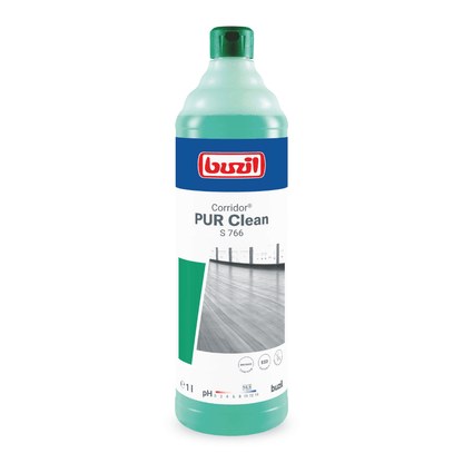 Buzil Corridor® PUR Clean S 766 Ultranetzender Bodenreiniger mit Geruchsblocker od BUZIL-WERK Wagner GmbH & Co. KG jest dostępny w butelce o jasnym zielonym wzorze, niebieskiej etykiecie i czerwonym logo. Zawiera 1 litr produktu, który idealnie nadaje się do pielęgnacji nieskazitelnych podłóg, a na opakowaniu znajduje się obrazek czystej podłogi.