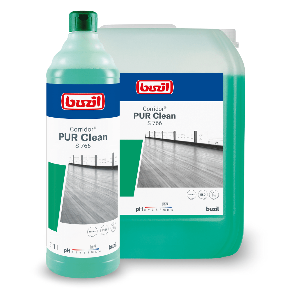 Wystawione są duży pojemnik i butelka Buzil Corridor® PUR Clean S 766 Ultranetzender Bodenreiniger mit Geruchsblocker z zielonym płynem. Etykiety pokazują obrazek nieskazitelnie czystej podłogi korytarza oraz tekst podkreślający ten skuteczny środek czyszczący do podłóg z blokerem zapachów od BUZIL-WERK Wagner GmbH & Co. KG.