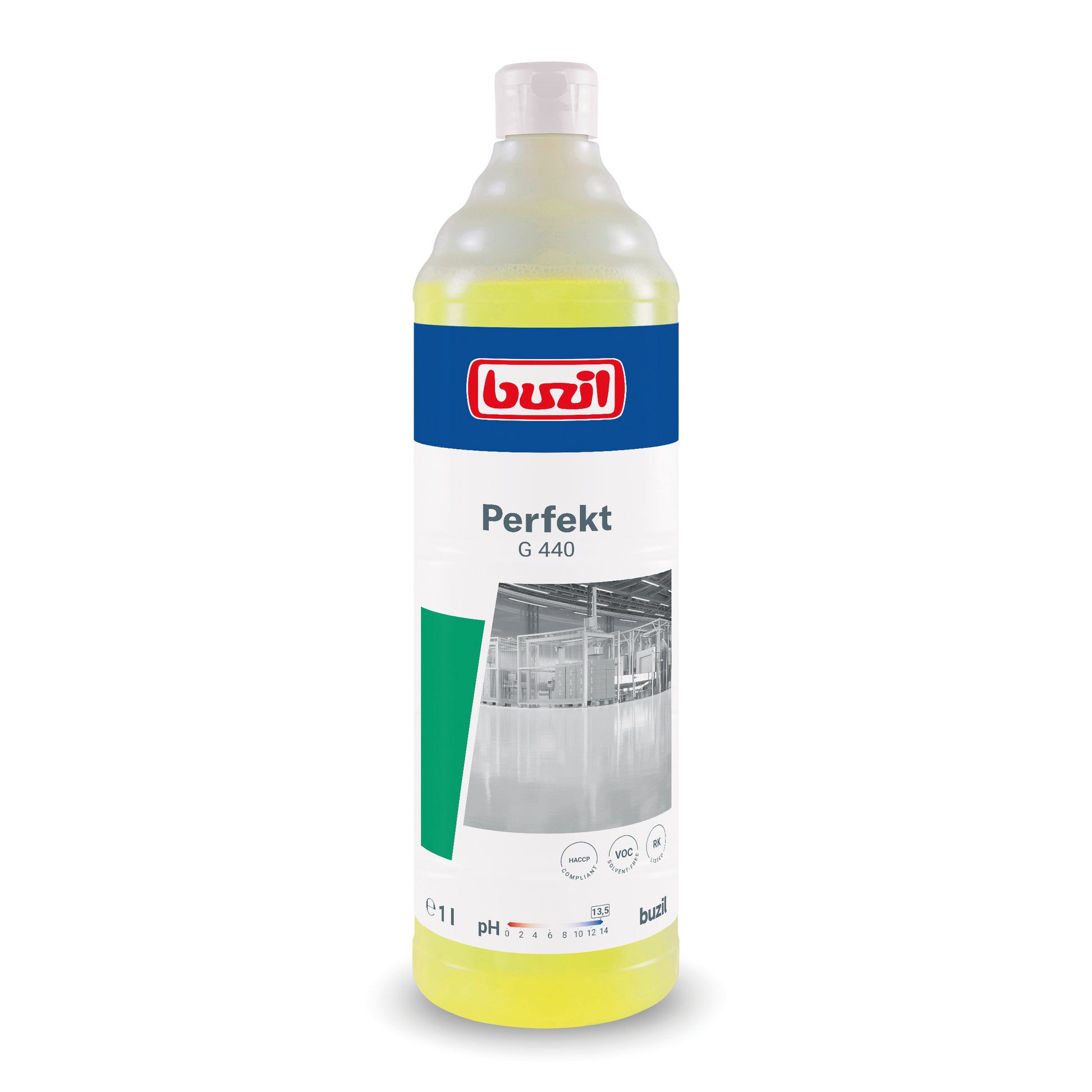 Eine 1-Liter-Flasche Buzil Perfekt G 440 Alkalischer Intensiv-Kraftreiniger Bodenreiniger von BUZIL-WERK Wagner GmbH & Co. KG eignet sich perfekt für die Behandlung öl- und fetthaltiger Oberflächen. Das Etikett kombiniert blaue, weiße und grüne Akzente mit einem Reinraumbild, das den pH-Wert und Verwendungssymbole zeigt, und ist mit einem weißen Deckel verschlossen.