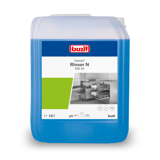 Ein 10-Liter-Kanister Buzil Vamat® Rinser N DW 45 Klarspüler, neutral, von BUZIL-WERK Wagner GmbH & Co. KG ist ein umweltfreundliches Geschirrspül-Glanzmittel. Der blaue Behälter mit weiß-grünem Etikett zeigt die Abbildung einer Großküche mit Geschirrspülmaschinen und eignet sich damit perfekt zum hochkonzentrierten Spülen in Spülmaschinen.