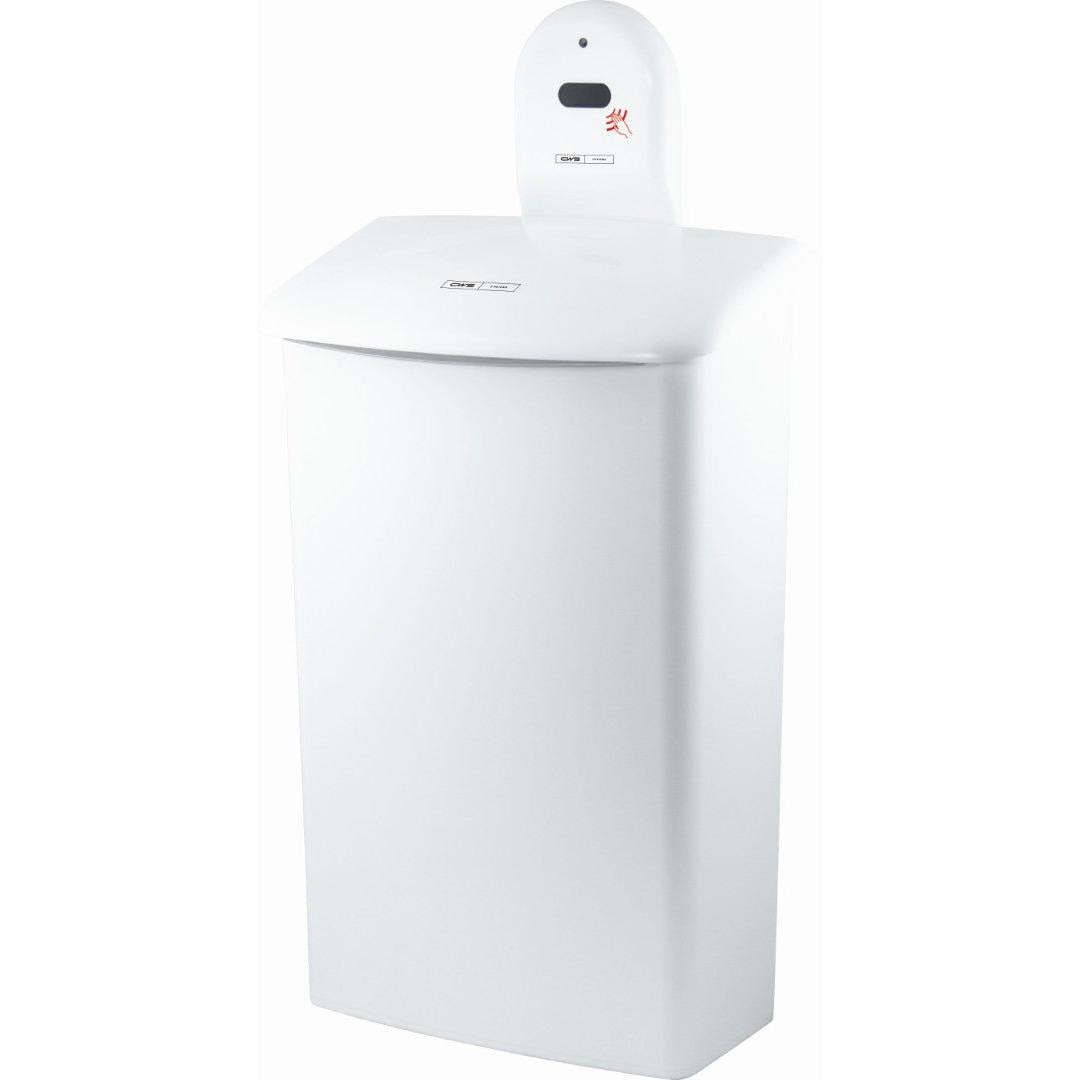 Uchwyt ścienny CWS ParadiseLine do skrzynki higienicznej 575000 to biały, prostokątny uchwyt firmy CWS, zaprojektowany do bezdotykowego użytku z kompatybilnymi skrzynkami higienicznymi.