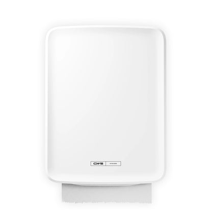 Biały, montowany na ścianie dozownik CWS PureLine Paperroll NT Hybrid z widocznym poniżej arkuszem ręcznika papierowego. Na przedniej stronie znajduje się mała etykieta "CWS" i informacje o produkcie. Sprzedawany w opakowaniu po 1 sztuce.