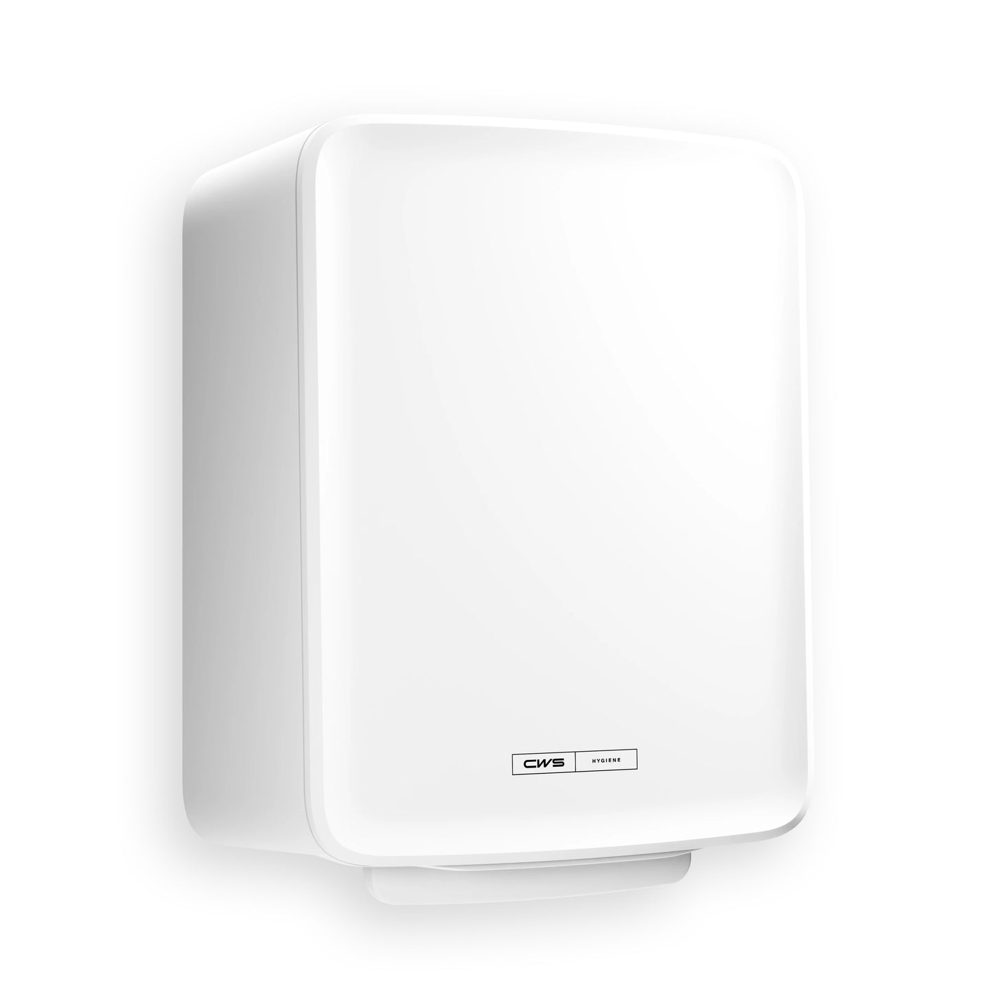 CWS PureLine Paperroll NT Hybrid to biały, prostokątny, montowany na ścianie suszarka do rąk z zaokrąglonymi krawędziami i małą etykietą CWS z brandingiem na dole pośrodku.