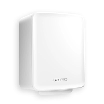 CWS PureLine Paperroll NT Hybrid to biały, prostokątny, montowany na ścianie suszarka do rąk z zaokrąglonymi krawędziami i małą etykietą CWS z brandingiem na dole pośrodku.