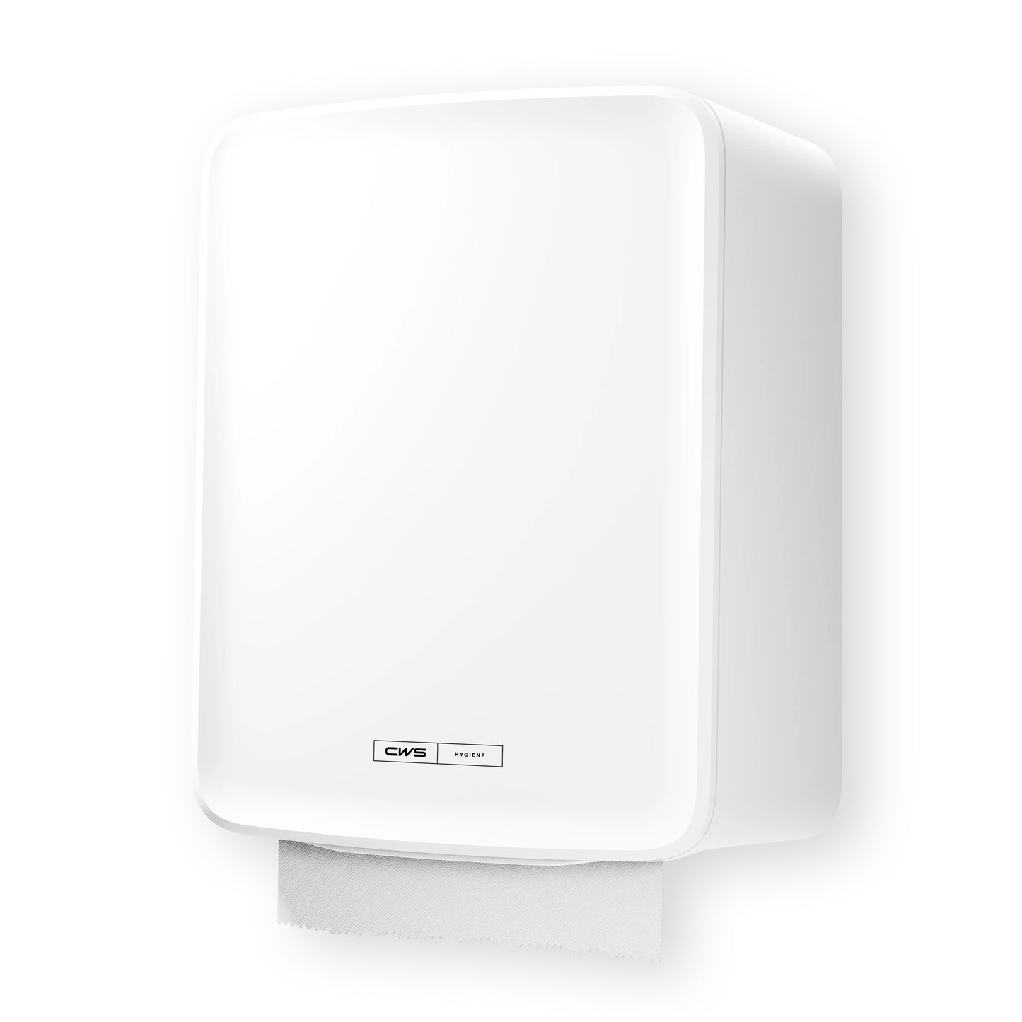 Biały, montowany na ścianie CWS PureLine Paperroll NT Hybrid firmy CWS, z częściowo widocznym poniżej ręcznikiem papierowym i małą prostokątną etykietą na przedniej stronie.