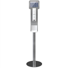 Eine freistehende CWS ParadiseLine Tropfschale, passend zu Disinfect NT, dient als Abtropfschale unterhalb der Desinfektionsmittelspenderstation mit Touchscreen-Aufsatz und rundem Metallfuß für eine hygienische Umgebung.