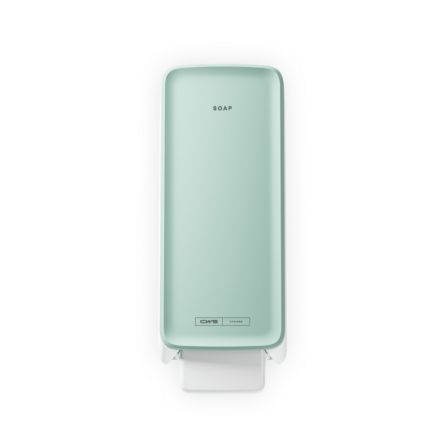 Miętowozielony dozownik mydła CWS PureLine Cream od CWS z napisem "SOAP" na górze i białą dźwignią naciskową, przedstawiony od góry na białym tle - idealny do każdej łazienki.