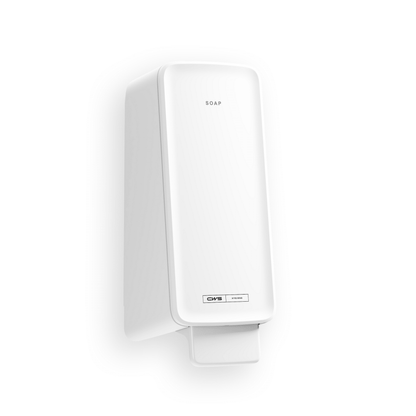 Dozownik mydła CWS PureLine Cream od CWS to biały, prostokątny dozownik ścienny z napisem "SOAP" na górze i dźwignią naciskową na dole, idealny do każdej łazienki i na prostym białym tle.