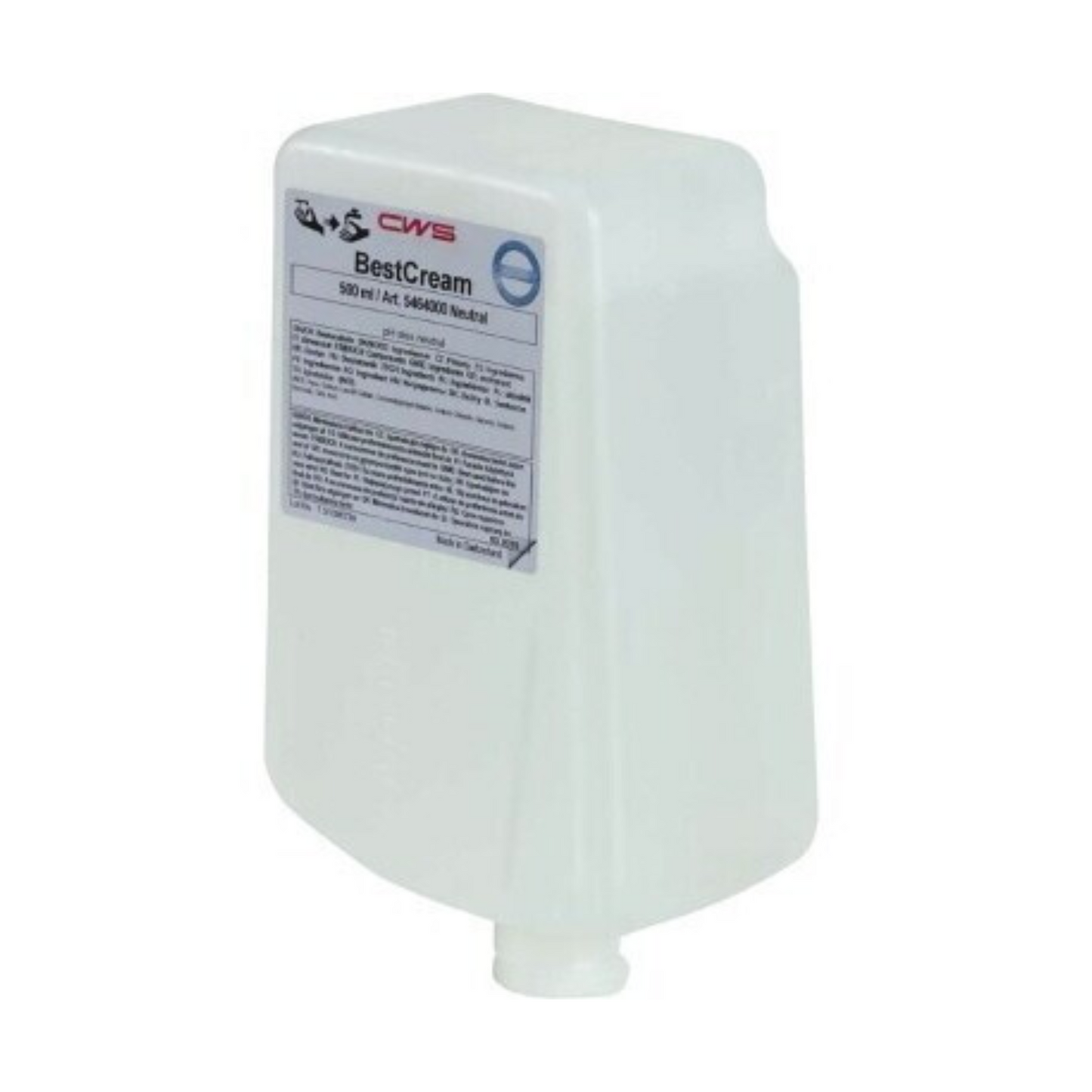 Biały pojemnik z CWS kremem mydlanym BestCream Neutral 1000 ml wkład uzupełniający mydło z etykietą na przedniej stronie. Pojemnik wydaje się zawierać 500 ml produktu. Etykieta zawiera tekst i logo, przy czym nazwa produktu „BestCream Neutral 1000 ml wkład uzupełniający mydło” jest wyraźnie widoczna. Ta biodegradowalna krem ma również neutralny zapach dla przyjemnego doświadczenia.