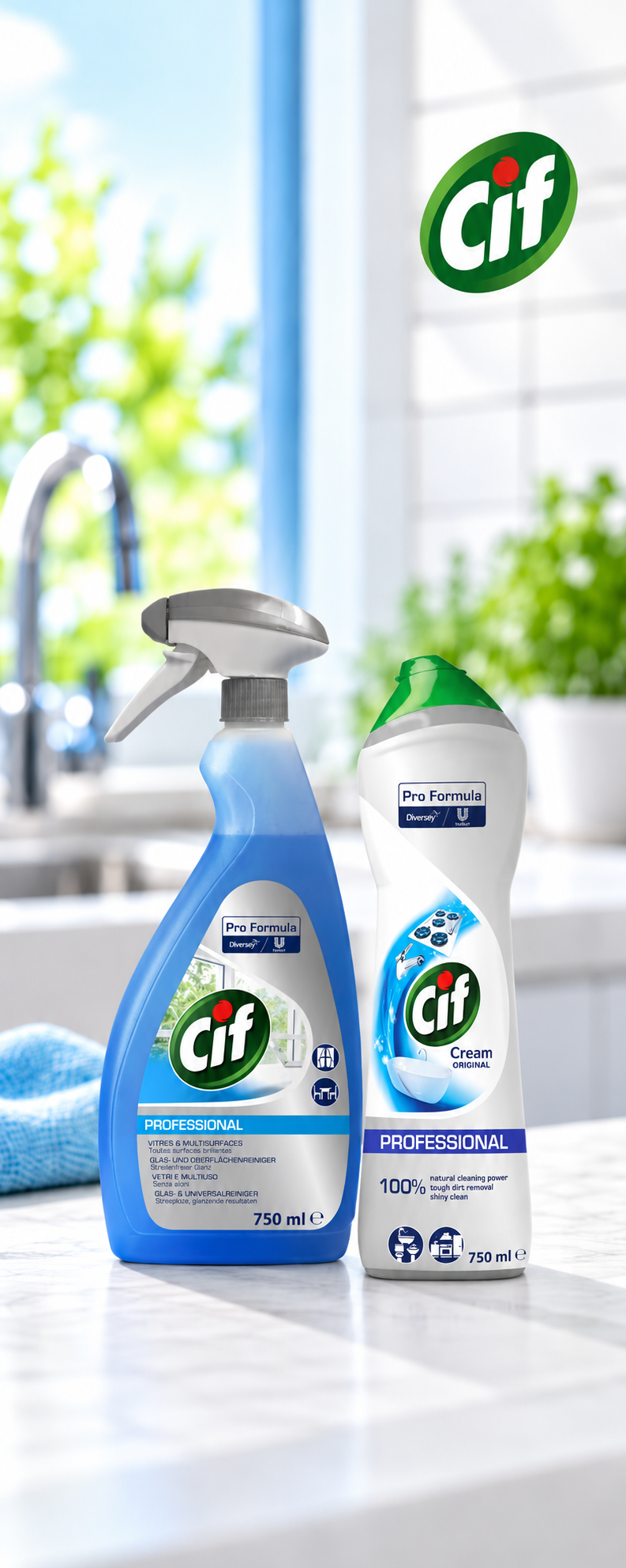 Banner: Cif Professional Glas- und Oberflächenreiniger und Cif Cream Original, je 750 ml