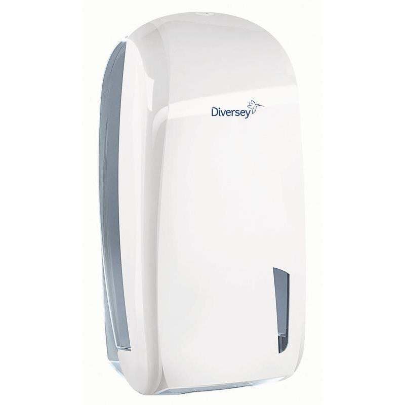 Uchwyt na papier toaletowy Diversey na pojedyncze arkusze z białego/przezroczystego tworzywa sztucznego (328 x 165 x 135 mm) do pojedynczych arkuszy posiada okienko i zapewnia higieniczne przechowywanie papieru toaletowego w publicznych toaletach. Pasuje do papieru 7523655.