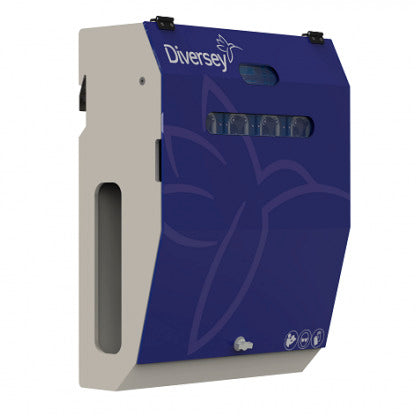 Jednostka główna DF5M (IOC) firmy Diversey Deutschland to inteligentny, montowany na ścianie system dozowania z niebieskim panelem przednim, okienkiem i symbolami - idealny dla pralni własnych (maks. 4 maszyny/produkty).