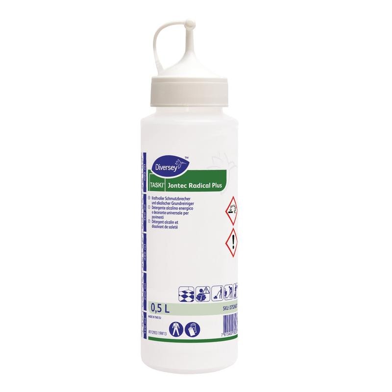 Butelka dozująca 0,5L Jontec Radical Plus od Diversey Deutschland GmbH & Co. OHG z nakrętką dozującą do precyzyjnego dozowania; Etykieta z symbolami bezpieczeństwa, szczegółowymi informacjami oraz kolorami zielonym, niebieskim i białym.