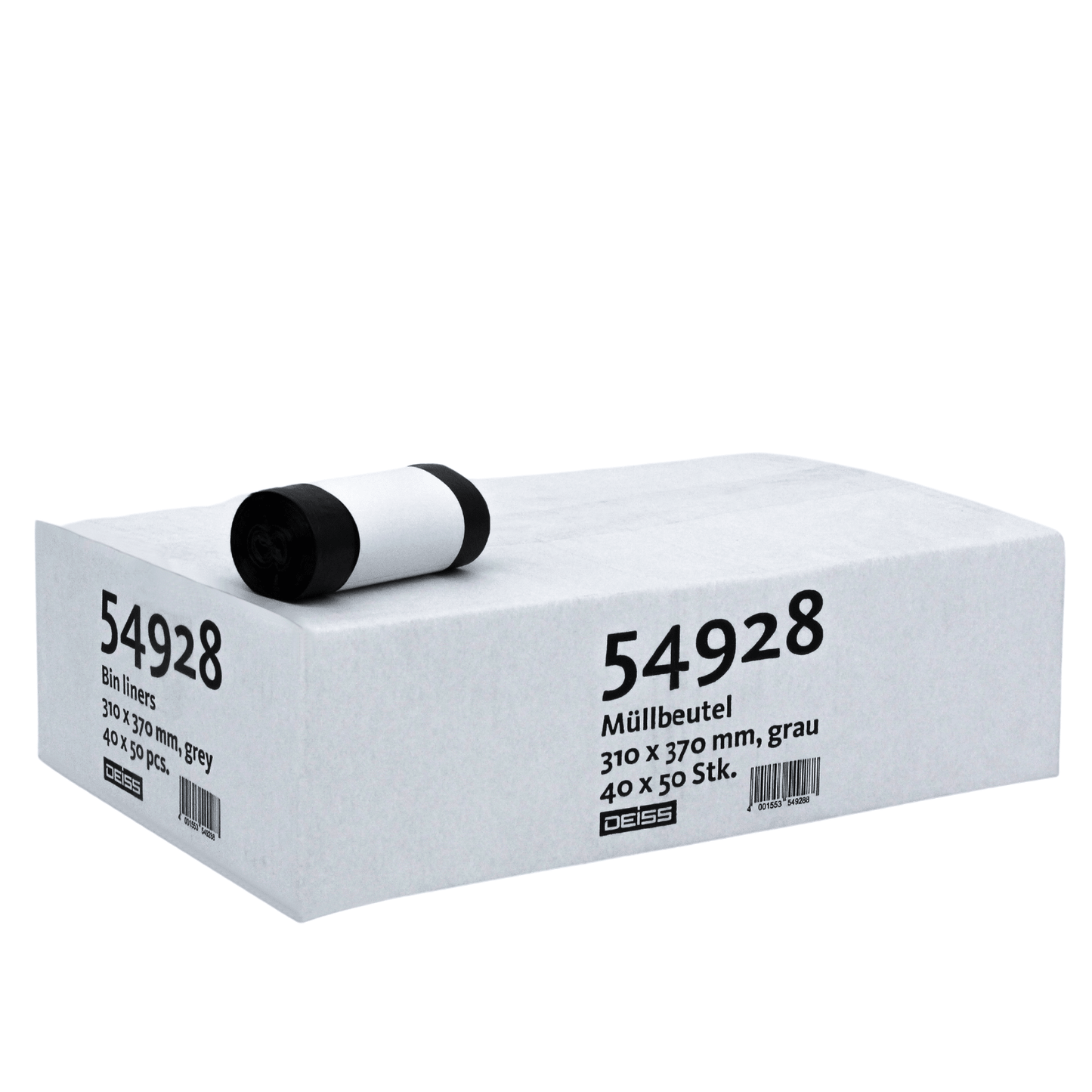 Na kartonie z szarymi workami na śmieci marki EMIL DEISS KG (GmbH + Co.) z rolką na górze znajdują się szczegóły produktu: „6 litrów odporne na rozdarcia z 10-20% zawartością regeneratu, 310 x 370 mm, szare, 40 x 50 szt.” oraz „30 x 39”, „30 szt.” czarnym drukiem.