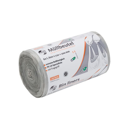 Rolka DEISS First Plus Pcr worki na śmieci 60 litrów, 34045 z uchwytem od EMIL DEISS KG (GmbH + Co.) podkreśla w niemieckim piśmie wymiary i neutralny dla klimatu charakter. Etykieta z symbolem kosza na śmieci zawiera tekst w języku angielskim i niemieckim. Te częściowo rozwinięte worki na śmieci zawierają 40% udziału PCR i są przeznaczone dla ekologicznie świadomych użytkowników.