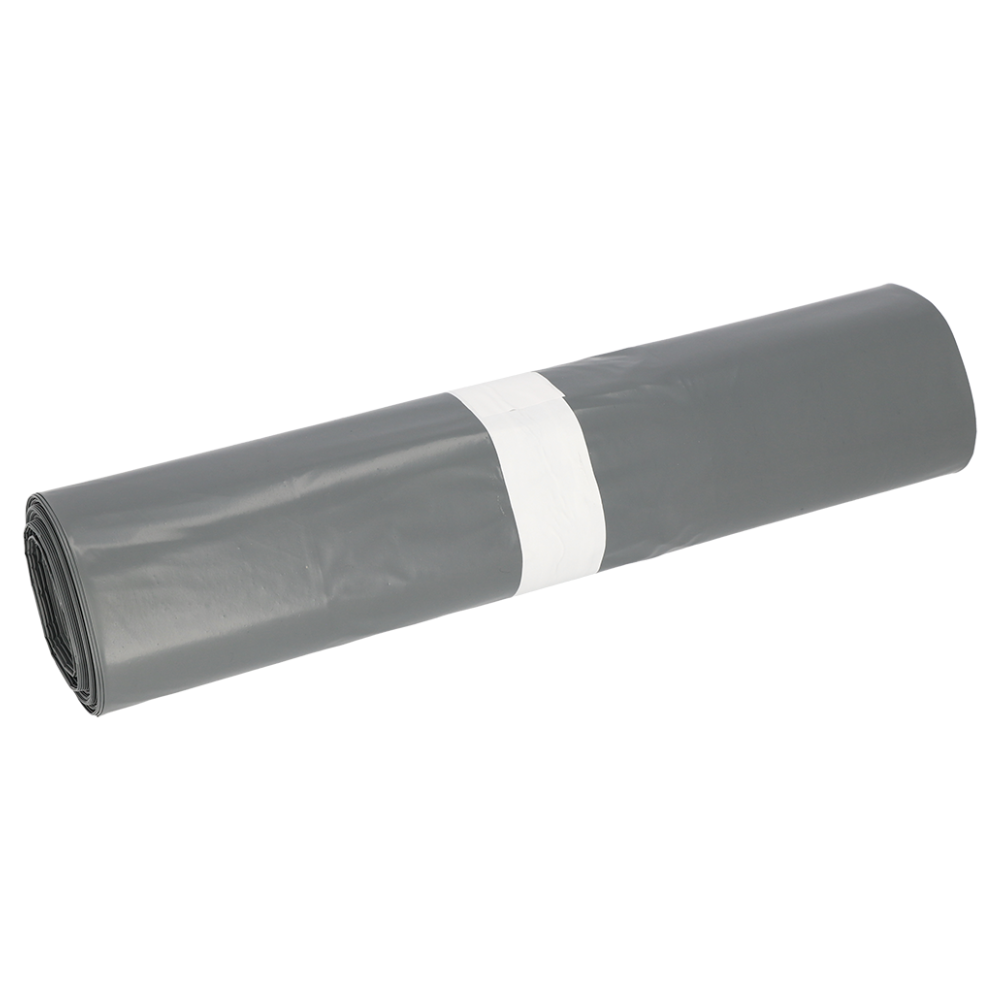 Zwinięty szary worek na śmieci DEISS Premium® Typ 60, wykonany z wysokiej jakości materiału z recyklingu firmy EMIL DEISS KG (GmbH + Co.), jest zabezpieczony białym paskiem. Tło jest jednolicie białe.