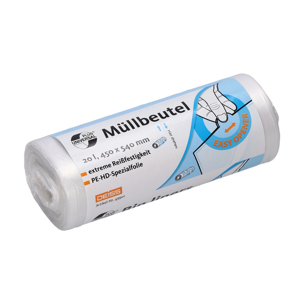 Na zdjęciu znajduje się rolka wytrzymałych worków na śmieci z napisem „DEISS Universal Plus® Worki na śmieci 20 litrów, 49901“. Opakowanie ma wymiary 20 litrów, 450 x 540 mm, i jest opatrzone ilustracją funkcji „Easy-Opener“. Wyprodukowane ze specjalnej folii HDPE, marka to EMIL DEISS KG (GmbH + Co.).