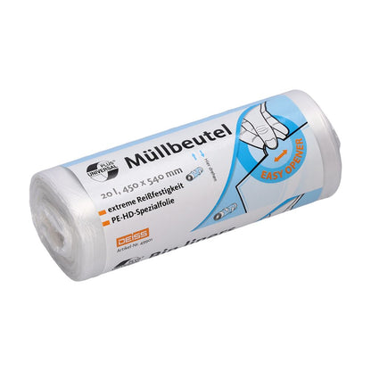 Na zdjęciu znajduje się rolka wytrzymałych worków na śmieci z napisem „DEISS Universal Plus® Worki na śmieci 20 litrów, 49901“. Opakowanie ma wymiary 20 litrów, 450 x 540 mm, i jest opatrzone ilustracją funkcji „Easy-Opener“. Wyprodukowane ze specjalnej folii HDPE, marka to EMIL DEISS KG (GmbH + Co.).