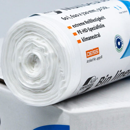 Prezentowana jest rolka worków na śmieci DEISS Universal Plus® 60 litrów, model 49908, od EMIL DEISS KG (GmbH + Co.). Opakowanie charakteryzuje się ekstremalną wytrzymałością na rozdarcia, konstrukcją z folii specjalnej HDPE i neutralnością klimatyczną. Ponadto jest opatrzone logo certyfikacji zrównoważonego rozwoju, które gwarantuje przyjazność dla środowiska bez kompromisów w zakresie wytrzymałości.