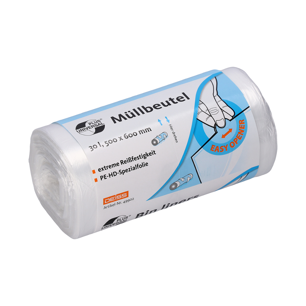 Rolka worków na śmieci DEISS Universal Plus® 49902 - 30 litrów od EMIL DEISS KG (GmbH + Co.) jest dostarczana w opakowaniu, które podkreśla jej specyfikacje, w tym wymiary 30 litrów i 500 x 600 mm. Każdy worek wykonany jest ze specjalnej folii PE-HD i charakteryzuje się wyjątkową odpornością na rozdarcia. Ilustracja na opakowaniu pokazuje funkcję łatwego otwierania.