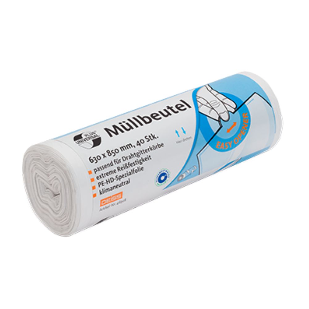 Worek na śmieci DEISS Universal Plus® 80 litrów, 46928 od EMIL DEISS KG (GmbH + Co.) to rolka wytrzymałych worków na śmieci z napisem „Worek na śmieci”, o wymiarach 630 x 850 mm i ilości 40 sztuk na rolkę. Opakowanie zawiera ilustrację podkreślającą projekt Easy-Opener i oferuje informacje o materiale dla łatwości użytkowania.