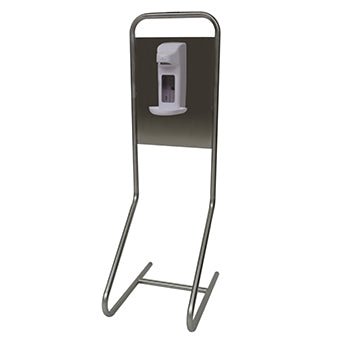 Stojący model wyspy dezynfekcyjnej Novocal "Desi" ma ramę ze stali nierdzewnej, prostokątną podstawę (385 x 56 mm) i wbudowany biały dozownik środka dezynfekującego do rąk, zamontowany na ciemnej płycie. Marka: Novocal. Opakowanie: 1 sztuka.