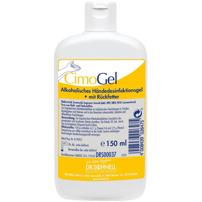 Biała butelka o pojemności 150 ml Dr. Schnell CIMOGEL do dezynfekcji rąk firmy DR.SCHNELL GmbH & Co. KGaA, z żółtą etykietą z niemieckim tekstem, niebieskim logo, białym zamknięciem typu flip-top i instrukcją dezynfekcji rąk oraz ochrony przed zarazkami.