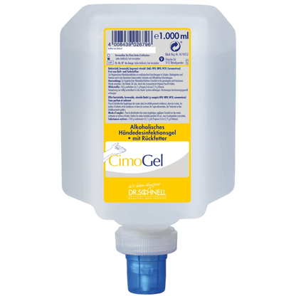 Przezroczysta butelka z tworzywa sztucznego o pojemności 1000 ml Dr. Schnell CIMOGEL do dezynfekcji rąk firmy DR.SCHNELL GmbH & Co. KGaA, z niebieskim zamknięciem dozującym i niemiecką etykietą, oferuje dezynfekcję rąk i ochronę przed bakteriami i wirusami.