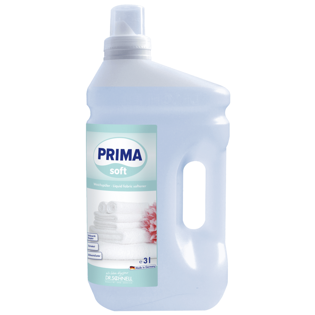 Dr. Schnell PRIMA SOFT od DR.SCHNELL GmbH & Co. KGaA to płynny 3-litrowy płyn do płukania w przezroczystej plastikowej butelce z białą nakrętką, zintegrowanym uchwytem i etykietą z złożonymi ręcznikami oraz różowym kwiatem - idealny do profesjonalnego użytku.