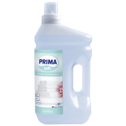 Dr. Schnell PRIMA SOFT od DR.SCHNELL GmbH & Co. KGaA to płynny 3-litrowy płyn do płukania w przezroczystej plastikowej butelce z białą nakrętką, zintegrowanym uchwytem i etykietą z złożonymi ręcznikami oraz różowym kwiatem - idealny do profesjonalnego użytku.
