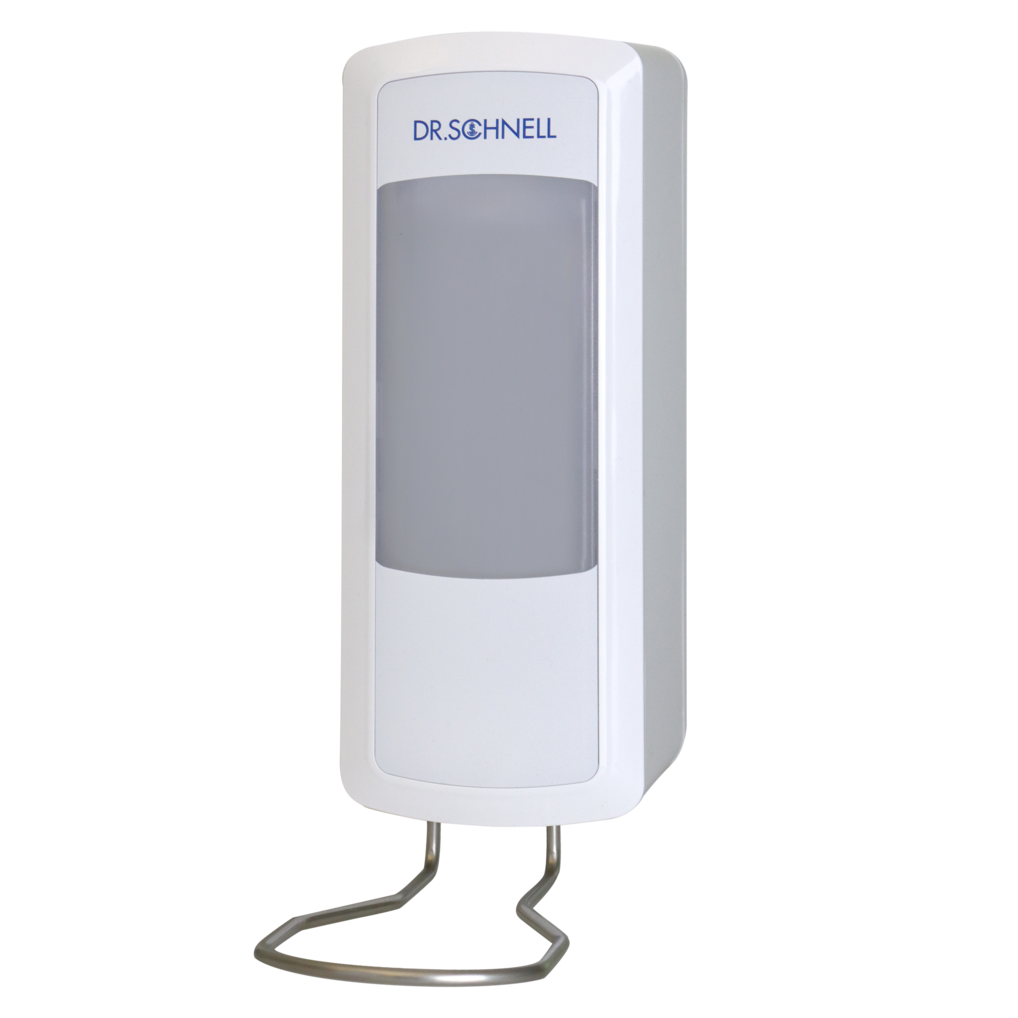 Ein weißer wandmontierter Dr. Schnell Spender V10N der DR.SCHNELL GmbH & Co. KGaA mit einer großen grauen Frontplatte mit der Aufschrift DR. SCHNELL" und ist an einem Metallständer befestigt - ideal für den hygienischen Einsatz von Reinigungs- und Desinfektionslösungen.
