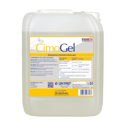 Pojemnik o pojemności 5 litrów z przezroczystego plastiku Dr. Schnell CIMOGEL do dezynfekcji rąk firmy DR.SCHNELL GmbH & Co. KGaA, z białą pokrywką i niemiecką etykietą, niezawodnie chroni przed bakteriami i wirusami.