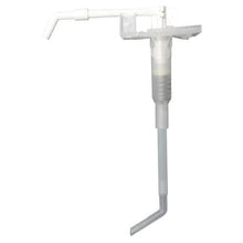 Plastikowa pompa Dr. Schumacher firmy Dr. Schumacher GmbH to biała, solidna pompa dozująca z długim, zakrzywionym wężem i poziomą wylewką - idealna do wydawania płynów z dużych pojemników.