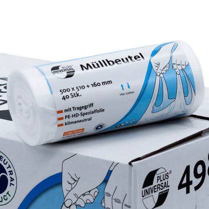 Rolka worków na śmieci DEISS Universal Plus z numerem produktu 49800 i pojemnością 20 litrów oraz praktycznym uchwytem jest prezentowana na kartonie. Etykieta podaje wymiary 500 x 510 + 160 mm i zawiera 40 odpornych na rozerwanie worków. Ponadto na etykiecie znajdują się informacje o ekologicznych właściwościach w języku niemieckim. Produkt ten jest oferowany przez markę EMIL DEISS KG (GmbH + Co.).