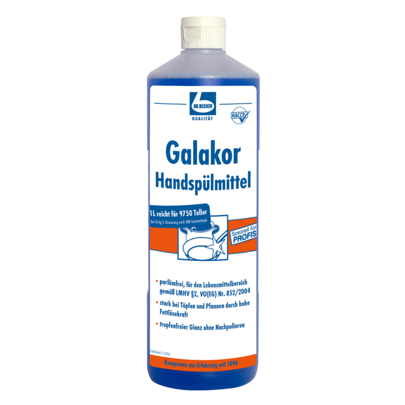 Niebieska plastikowa butelka z Dr. Becher Galakor płynem do mycia naczyń - 1 litr | Butelka (1000 ml), bezzapachowy profesjonalny płyn do mycia naczyń firmy Dr. Becher GmbH. Przewaga białej etykiety z niebieskim tekstem i grafiką talerza oraz bąbelków wskazuje, że produkt jest przeznaczony do profesjonalnego użytku, oferuje maksymalną siłę czyszczenia i jednocześnie jest bezpieczny dla żywności.