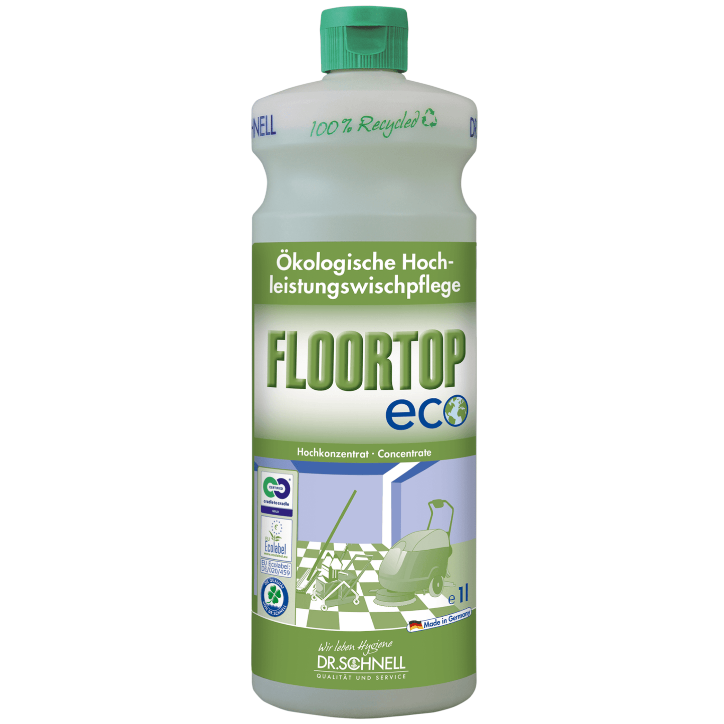 Butelka Dr. Schnell Floortop Eco Koncentratu do czyszczenia podłóg od DR.SCHNELL GmbH & Co. KGaA, ekologiczny, wysoko skuteczny środek czyszczący do wodoodpornych podłóg, z zieloną nakrętką/etykietą i symbolami recyklingu; wykonany w 100% z materiałów z recyklingu.