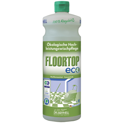 Butelka Dr. Schnell Floortop Eco Koncentratu do czyszczenia podłóg od DR.SCHNELL GmbH & Co. KGaA, ekologiczny, wysoko skuteczny środek czyszczący do wodoodpornych podłóg, z zieloną nakrętką/etykietą i symbolami recyklingu; wykonany w 100% z materiałów z recyklingu.