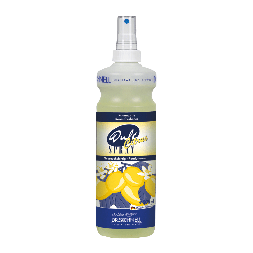 Butelka z rozpylaczem o pojemności 500 ml DR.SCHNELL Duftspray Citrus Odświeżacz powietrza firmy DR.SCHNELL GmbH & Co. KGaA, o świeżym zapachu cytryny i dwujęzyczną (niemiecko/angielską) etykietą z motywem cytrusów i białą głowicą rozpylającą.