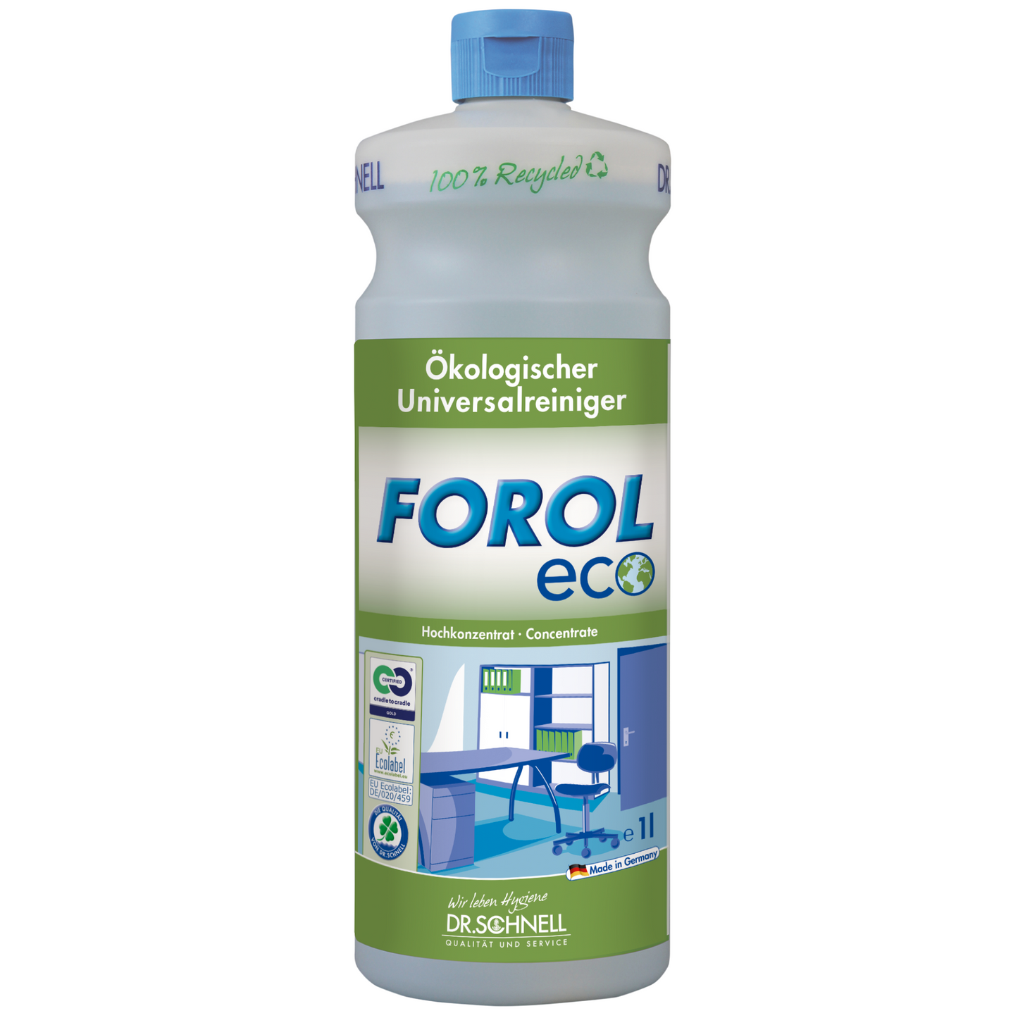 Die Dr. Schnell Forol ECO ökologischer Universalreiniger 1 Liter Flasche im grün-blauen umweltfreundlichen Design ist als ökologischer Universalreiniger gekennzeichnet. Hergestellt von DR.SCHNELL GmbH & Co. KGaA mit innovativer Dosiertechnik, besteht diese 1-Liter-Flasche aus 100 % Recyclingmaterial und ist ideal für die Reinigung wasserbeständiger Oberflächen.