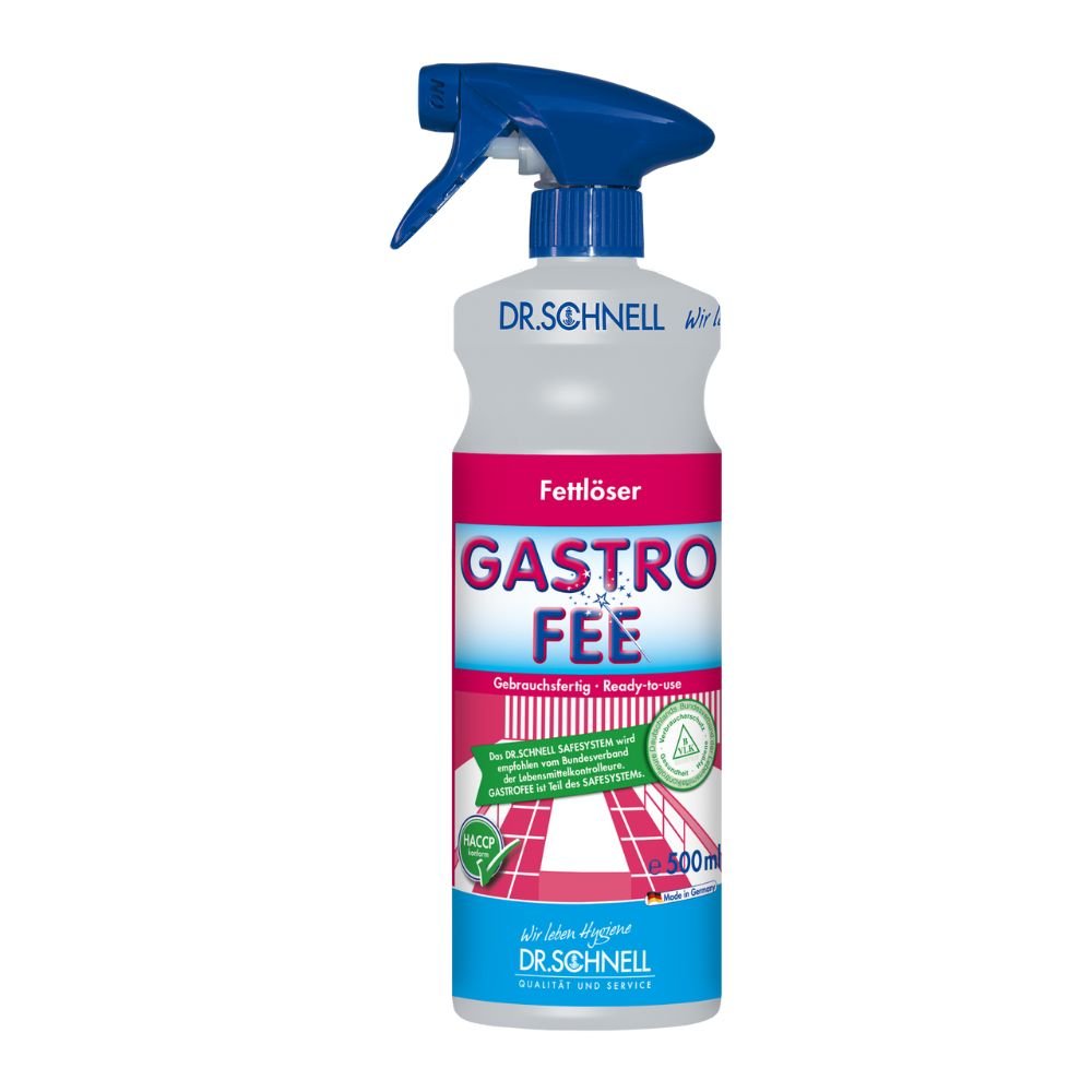 Obraz przedstawia butelkę 500 ml Dr. Schnell GastroFee rozpuszczalnika oleju i tłuszczu, gotowego do użycia, od DR.SCHNELL GmbH & Co. KGaA. Ten wydajny środek czyszczący jest przeznaczony do powierzchni odpornych na działanie alkaliów i wyposażony jest w niebieską dyszę natryskową oraz wyróżniająca się różową etykietę, co czyni go idealnym do gotowych aplikacji w wymagających środowiskach.
