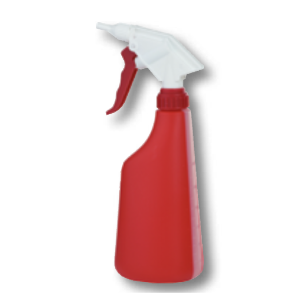 Ta czerwona plastikowa butelka z rozpylaczem, podobna do Dr. Becher ręcznego rozpylacza (pusta), ma biało-czerwoną dyszę dla łatwego użytkowania. Pionowy design z uchwytem skierowanym w dół jest idealny do prac porządkowych i pokazuje skuteczność produktów Dr. Becher GmbH na prostym białym tle.