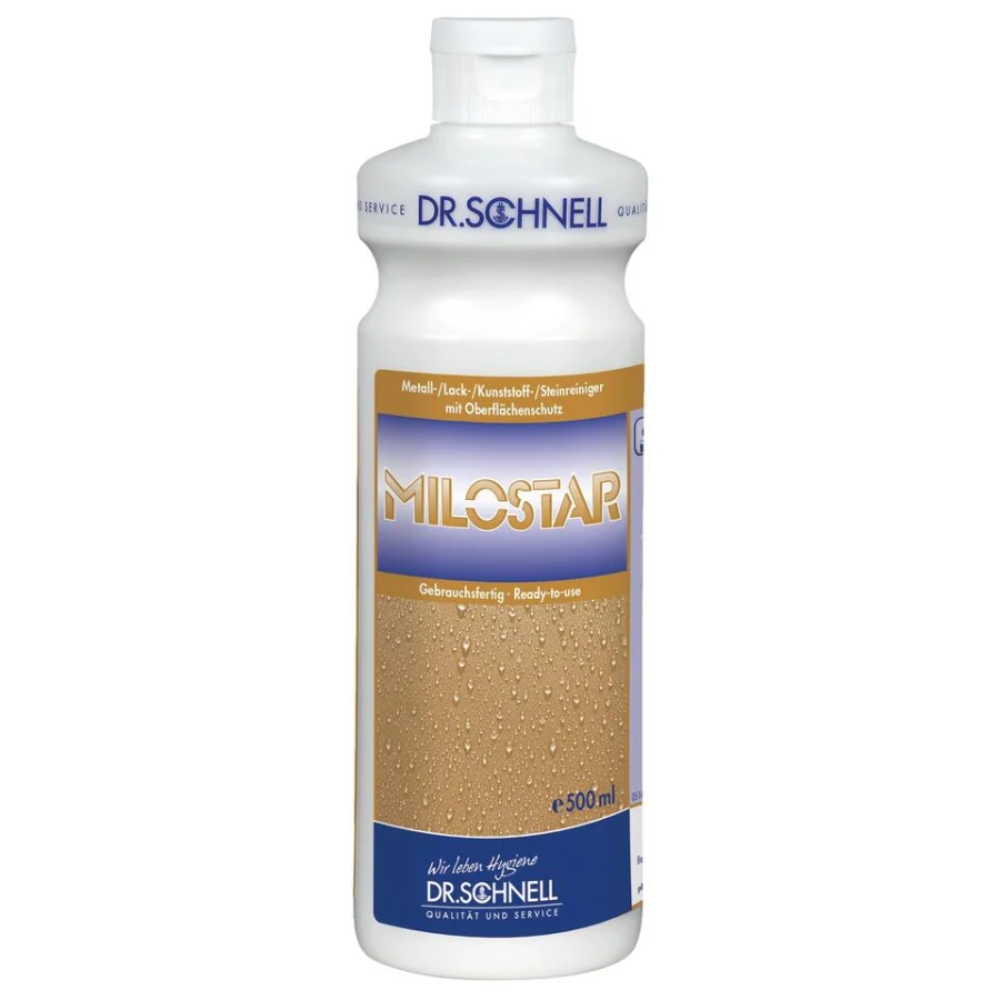 Weiße 500-ml-Kunststoffflasche von Dr. Schnell MILOSTAR Metall-, Lack- und Kunststoffreiniger der DR.SCHNELL GmbH & Co. KGaA, mit einem blau-weißen deutschen Etikett mit Produktangaben und Branding.