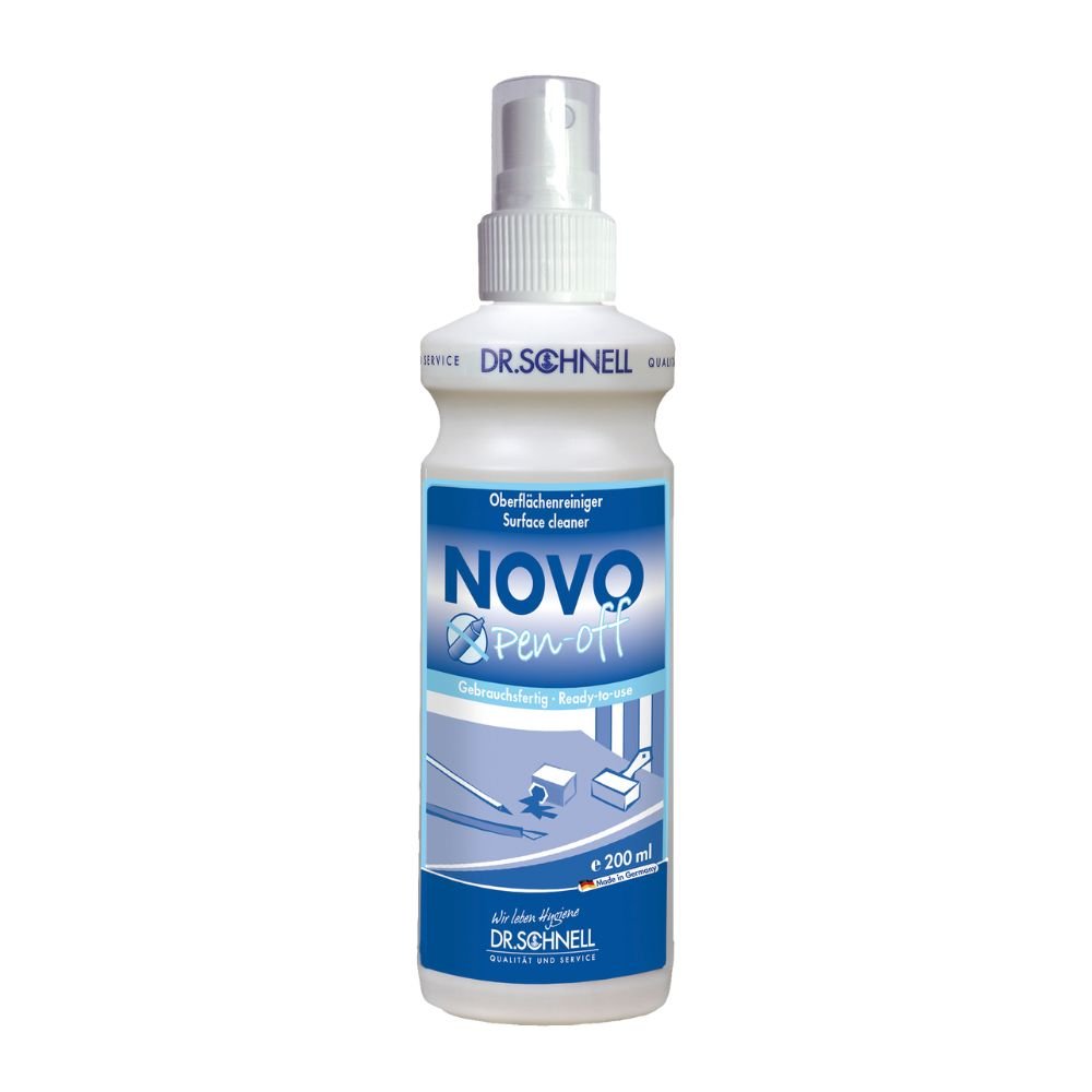 500 ml butelka z rozpylaczem Dr. Schnell NOVO PEN-OFF specjalnego środka czyszczącego do powierzchni biurowych od DR.SCHNELL GmbH & Co. KGaA z niebiesko-białym napisem i instrukcjami użycia do skutecznego usuwania plam na powierzchniach biurowych.