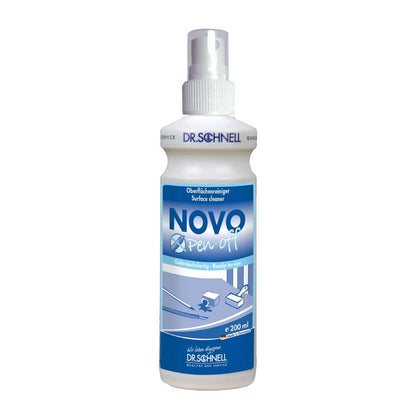 500 ml butelka z rozpylaczem Dr. Schnell NOVO PEN-OFF specjalnego środka czyszczącego do powierzchni biurowych od DR.SCHNELL GmbH & Co. KGaA z niebiesko-białym napisem i instrukcjami użycia do skutecznego usuwania plam na powierzchniach biurowych.