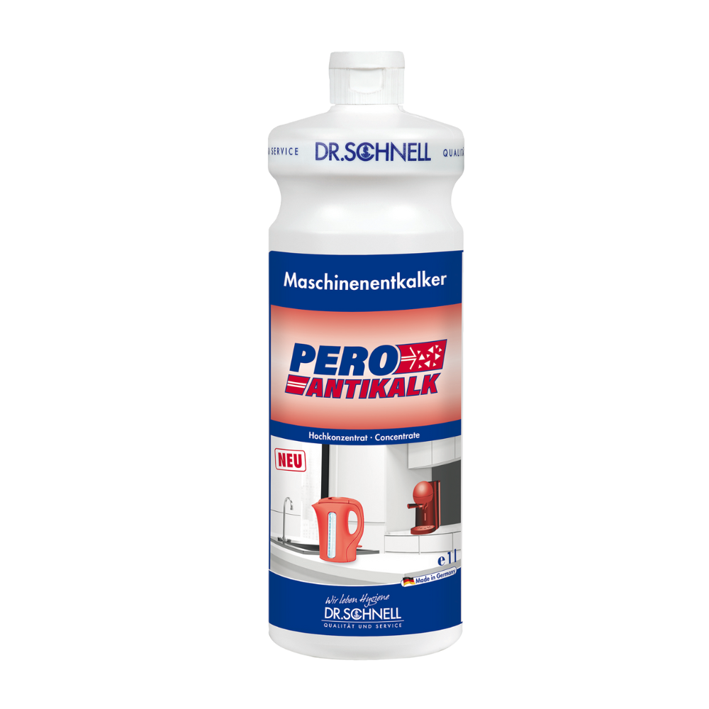 Dr. Schnell PERO ANTIKALK odkamieniacz do maszyn, 1-litrowa butelka DR.SCHNELL GmbH & Co. KGaA, pokazuje na etykiecie zdjęcia czerwonego czajnika i zlewu kuchennego. Ten skoncentrowany środek do usuwania kamienia skutecznie utrzymuje ekspresy do kawy i podgrzewacze wody w nienagannym stanie.