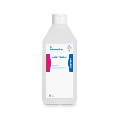 Przedstawiona jest biała plastikowa butelka 1-litrowa Dr. Schumacher ASEPTODERM firmy Dr. Schumacher GmbH z niebieskimi i różowymi akcentami, odpowiednia do higienicznej dezynfekcji rąk z niezawodnym środkiem dezynfekującym.