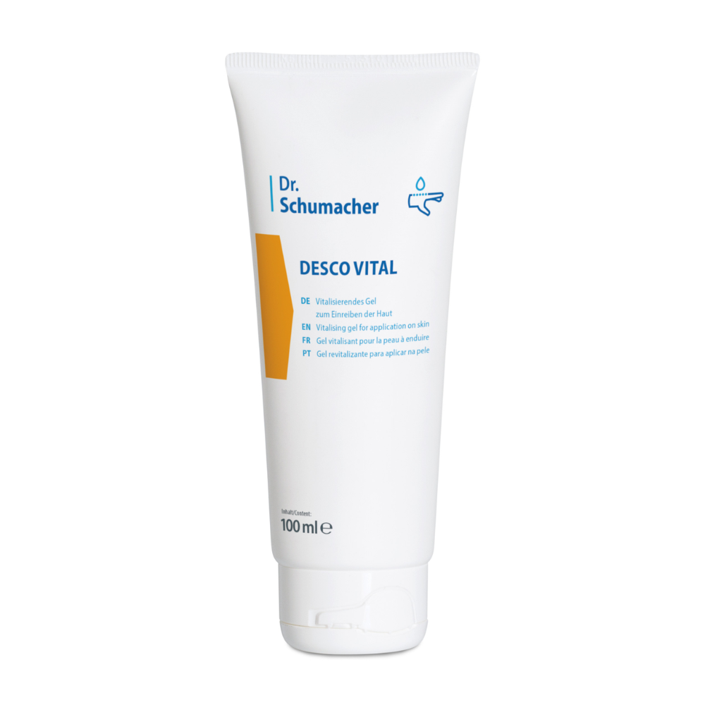 Biała 100-ml tubka z napisem „Dr. Schumacher Desco Vital Hydro Gel” od Dr. Schumacher GmbH. Na tubce znajduje się wielojęzyczny tekst wskazujący, że jest to rewitalizujący hydrożel do stosowania na skórę. Projekt obejmuje żółto-pomarańczowy akcent i prosty symbol kropli, co czyni go idealnym do masażu sportowego.