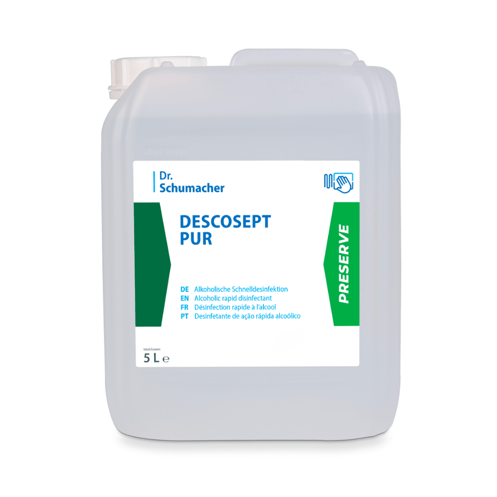 Przezroczysty plastikowy pojemnik o pojemności 5L od Dr. Schumacher DESCOSEPT PUR, szybka dezynfekcja od Dr. Schumacher GmbH, z wielojęzyczną instrukcją i zielonym paskiem "PRESERVE" po prawej stronie. Idealny do szybkiej dezynfekcji urządzeń medycznych.