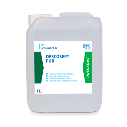 Przezroczysty plastikowy pojemnik o pojemności 5L od Dr. Schumacher DESCOSEPT PUR, szybka dezynfekcja od Dr. Schumacher GmbH, z wielojęzyczną instrukcją i zielonym paskiem "PRESERVE" po prawej stronie. Idealny do szybkiej dezynfekcji urządzeń medycznych.